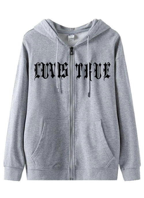 Grey “Loves True” Zip-Up Hooded Jacket | Hyein – NewJeans