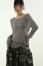 Grey Statement Print Long Sleeve T-Shirt | Shuhua - (G)I-DLE