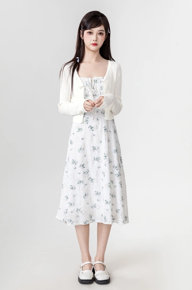 White Knit Cardigan With Sleeveless Dress - Fashion Chingu