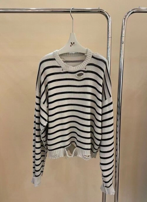 Beige And Black Striped Distressed Sweater | Jin – BTS