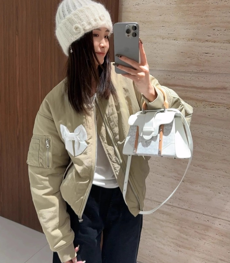Beige Bow Embellished Bomber Jacket | Jennie - BlackPink