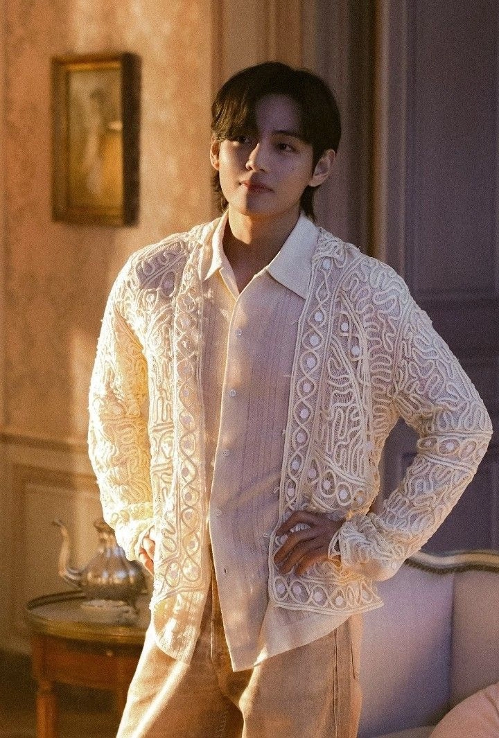 Beige Swirl Embroidered Sheer Shirt | Taehyung - BTS