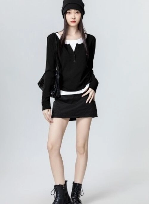 Black Asymmetric Ruched Layered Top