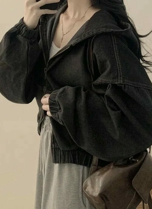 Black Denim Hooded Jacket | Eunchae - Le Sserafim
