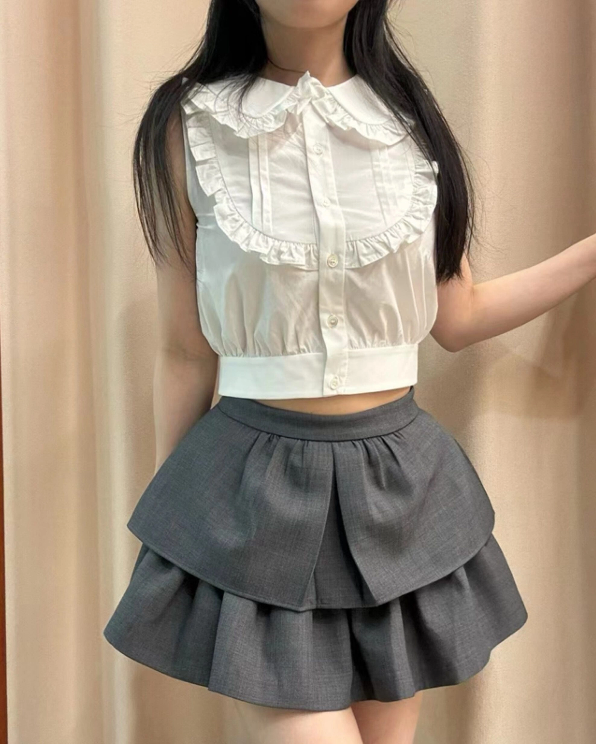 White Doll Collared Ruffle Crop Top | Moka - ILLIT - Fashion