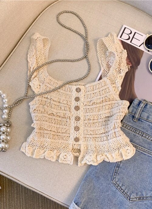 Beige Button Accent Crochet Crop Top | Sakura – Le Sserafim