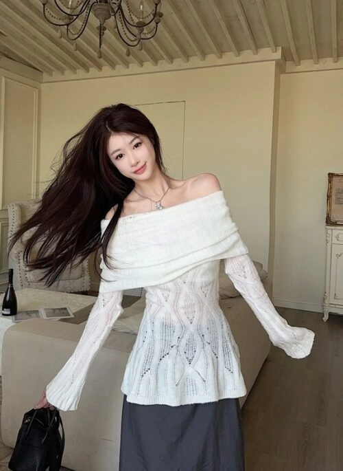 White Off-Shoulder Knitted Sweater | J – STAYC