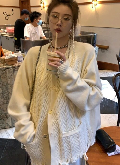 Beige Tie-Hem Knitted Cardigan | Hyunsuk – Treasure