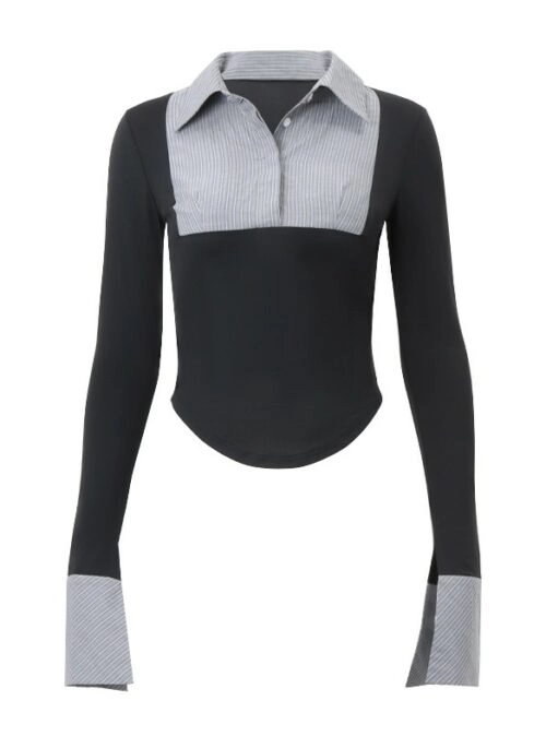 Black And Grey Stripes Collared Blouse | Sieun – STAYC