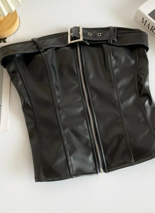 Black Faux Leather Zip-Up Tube Top | Winter – Aespa
