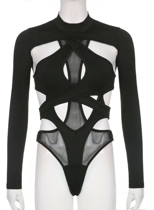 Black Overlapped Hollow Bodysuit | J – STAYC