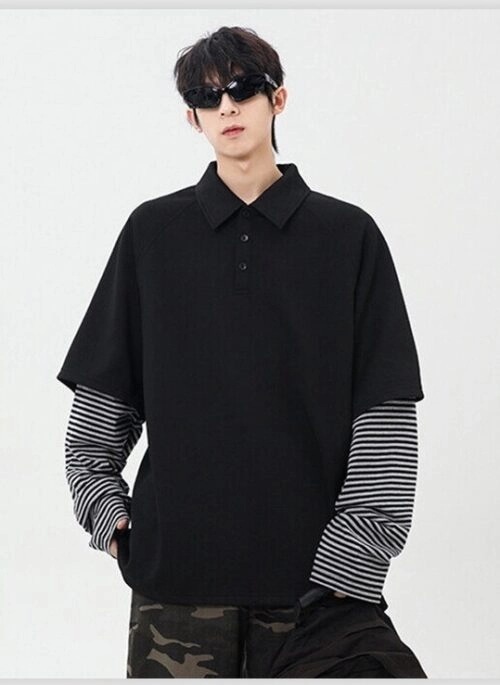 Black Striped Long Sleeve Layered Polo Shirt | Haruto – Treasure