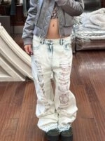 Blue Overlay Lace Ripped Jeans | Yunjin - Le Sserafim
