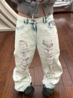 Blue Overlay Lace Ripped Jeans | Yunjin - Le Sserafim