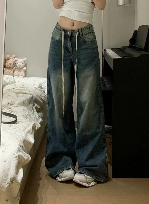 Blue Oversized Shoe Lace Belt Jeans | Jennie - BlackPink