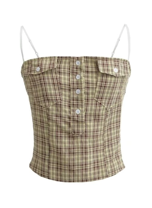 Brown Button Accent Plaid Top | Chaewon – Le Sserafim