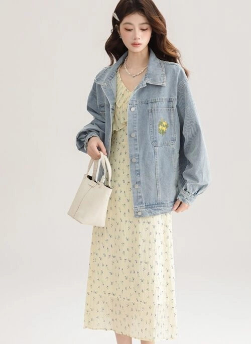 Embroidered Light Denim Jacket With Unique Design