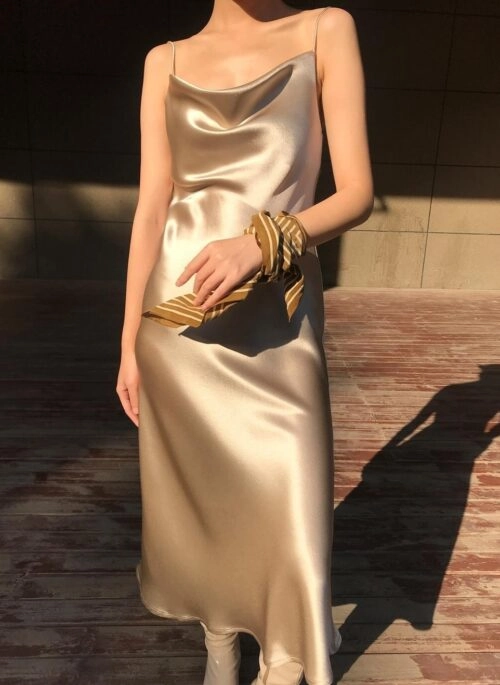 Gold Cowl Neckline Sling Dress | Chaewon – Le Sserafim