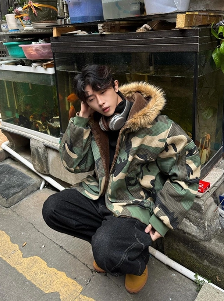 Hoodie Jhope Green Sweater Green Camouflage Fur-Trim Hooded Jacket