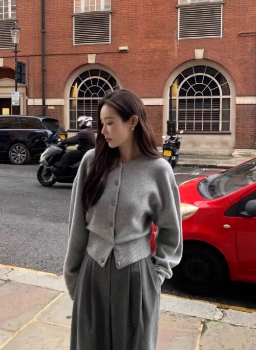 Grey Drop-Shoulders Button-Up Cardigan | Sieun – STAYC