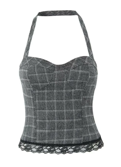 Grey Plaid Lace-Trim Halter Top | Nayeon – Twice