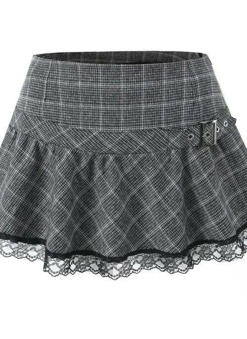 Grey Plaid Lace-Trim Skirt | Nayeon – Twice
