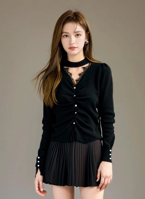 Lace Knit Vneck Ruched Sweater