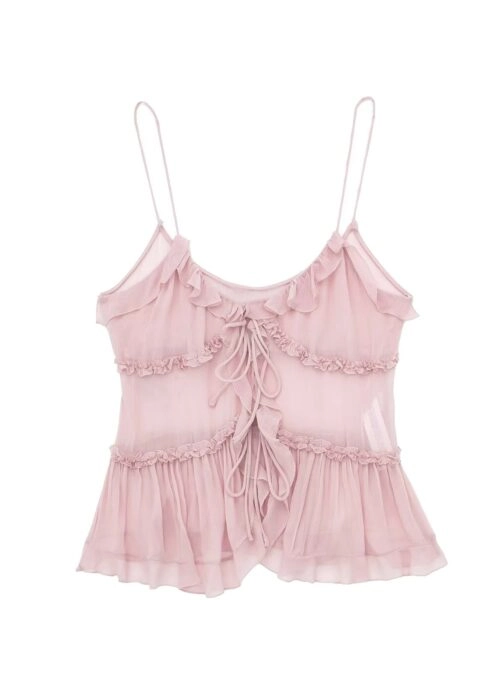 Pink Sheer Ruffled Sling Top | Sana – Twice