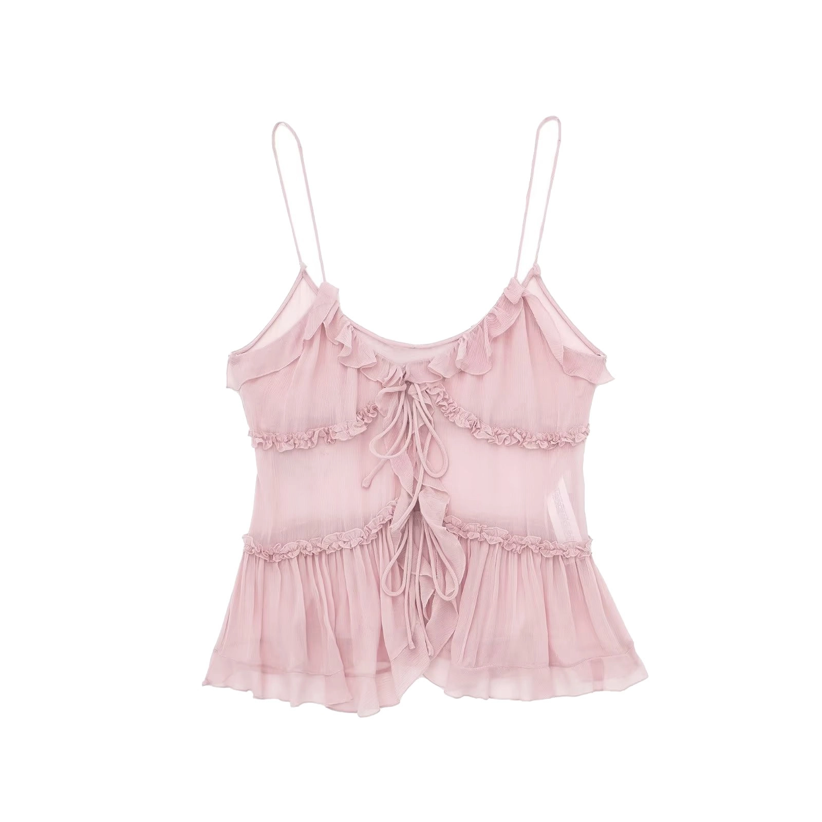 Pink Sheer Ruffled Sling Top | Sana - Twice - Fashion Chingu