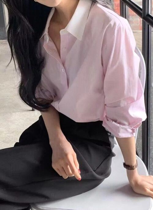 Pink White Collared Stripes Shirt | Baek Su Jeong- My Dearest Nemesis