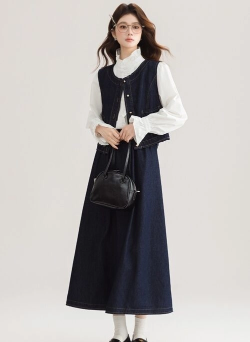 Spring Denim Vest Dress Set For Petite Style