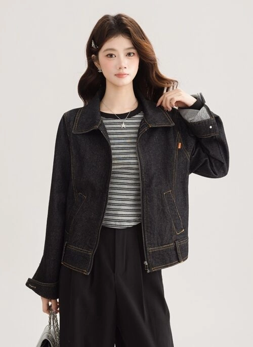 Vintage Black Denim Jacket Classic Short Style