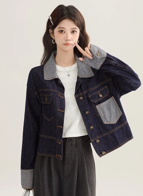 Vintage Contrast Denim Jacket Spring Short Style