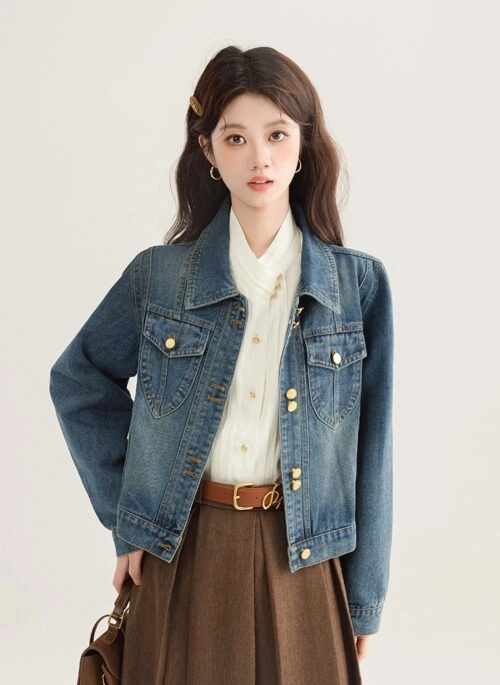 Vintage Slim Denim Jacket Trendy Short Coat