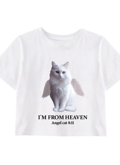 White Angel Cat Print Cropped T-Shirt | Karina – Aespa