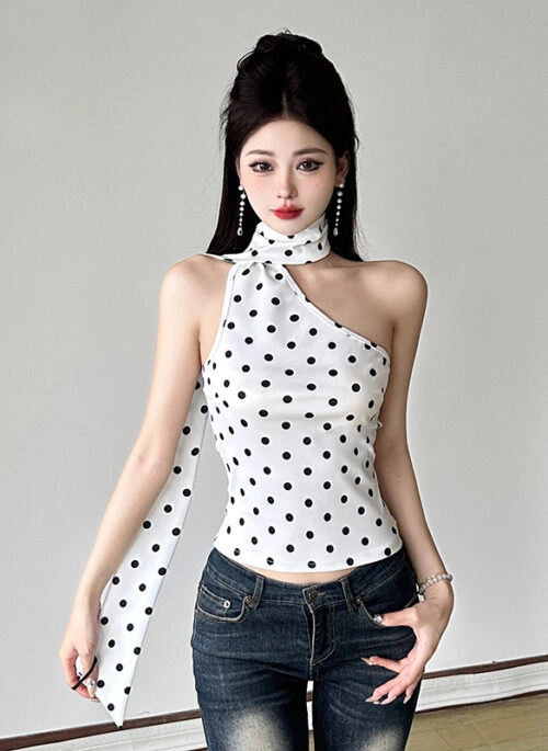 White Polka Dot Asymmetric Top | Kazuha – Le Sserafim