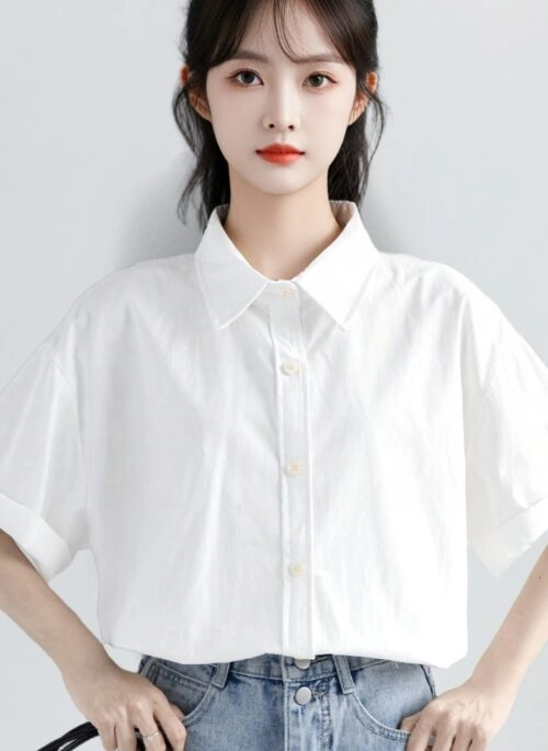 White Polo Collar Short Sleeve Shirt