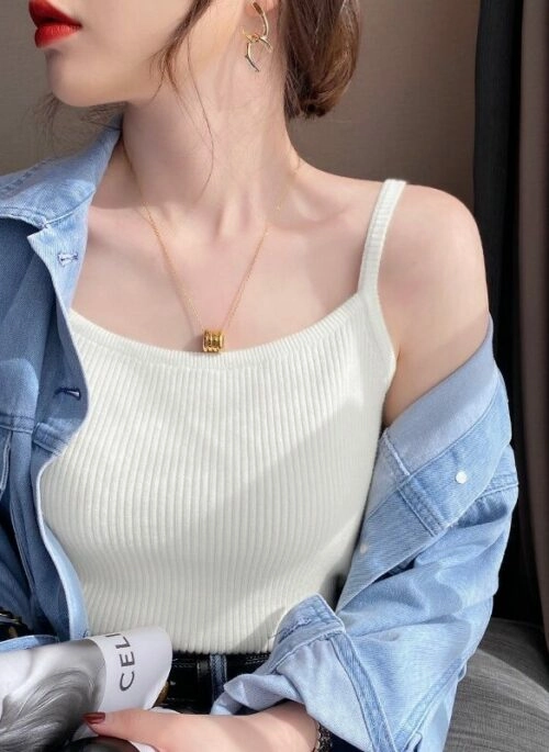 Beige Ribbed Sling Top | Kazuha - Le Sserafim