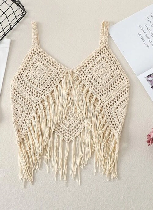 Beige Boho Crochet Tassel Top | Winter – Aespa