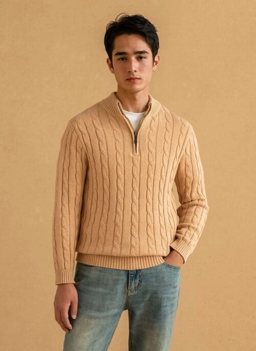Beige Cable Knit Half-Zip Sweater | Mark – NCT