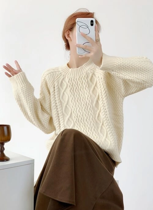 Beige Textured Cable Sweater | Kihyun - Monsta X