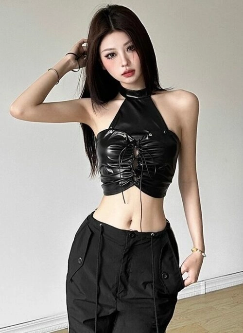 Black Halter Lace-Up Faux Leather Crop Top | Jennie – BlackPink