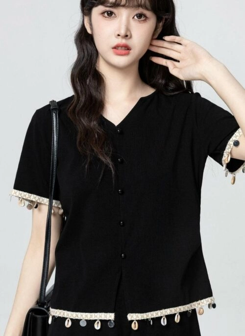 Black V Neck Fringed Short Sleeve Crop Top