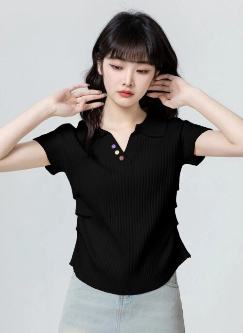 Black Vneck Knit Short Sleeve Top