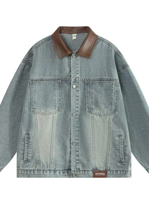 Blue Denim Jacket With Brown Faux Leather Collar | Jake - Enhypen