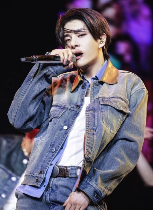 Blue Denim Jacket With Brown Faux Leather Collar | Jake - Enhypen