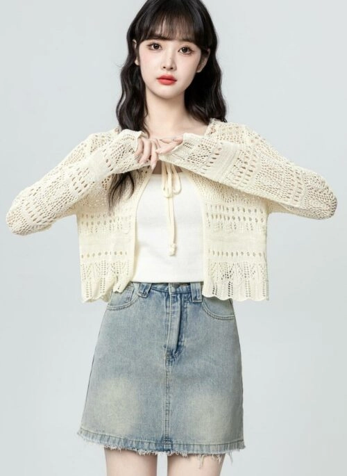 Lightweight Knit Cardigan With Hollow Out Design