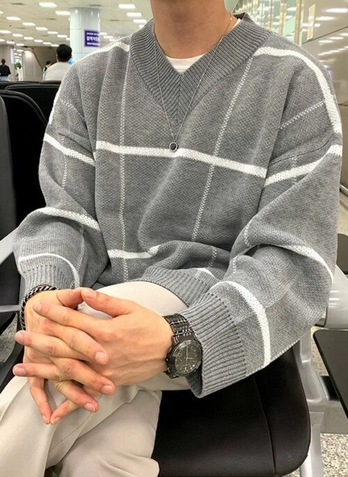 Plaid Vneck Knitted Sweater Jacket