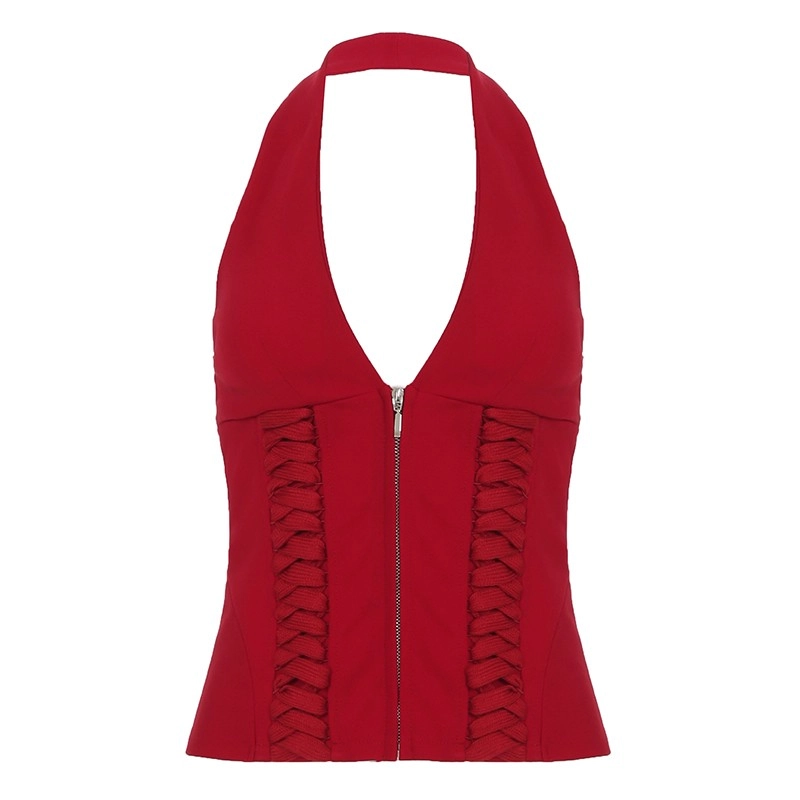 Red Lace-Up Halter Top | Jennie - BlackPink - Fashion Chingu