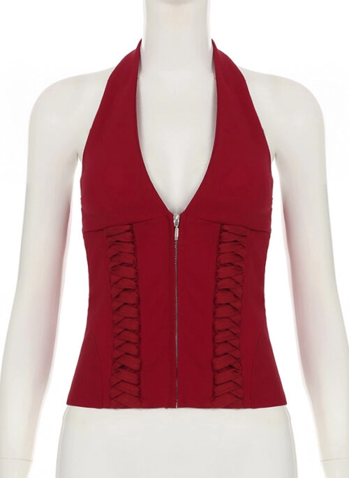 Red Zip-Up Corset Halter Top | Jennie - BlackPink